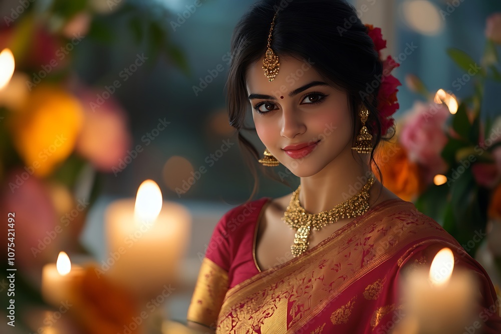 Close Up Portrait of Woman in Red Sari with Warm Candlelight Close Up Portrait of Woman in Red Sari with Warm Candlelight