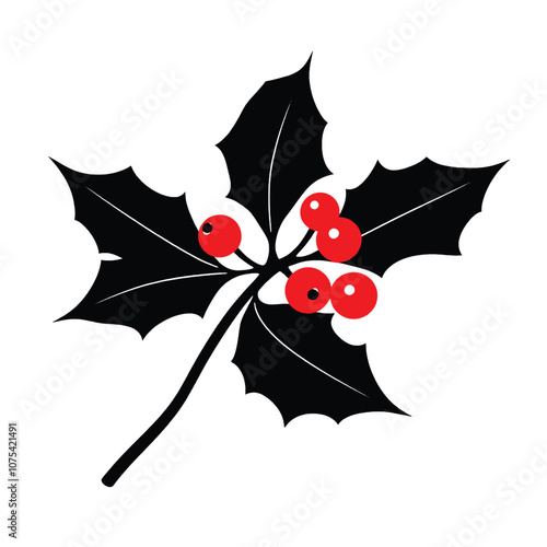 a black color silhouette of a holly branch with three red berries. The branch is made up of pure black three leaves and has a pointed tip