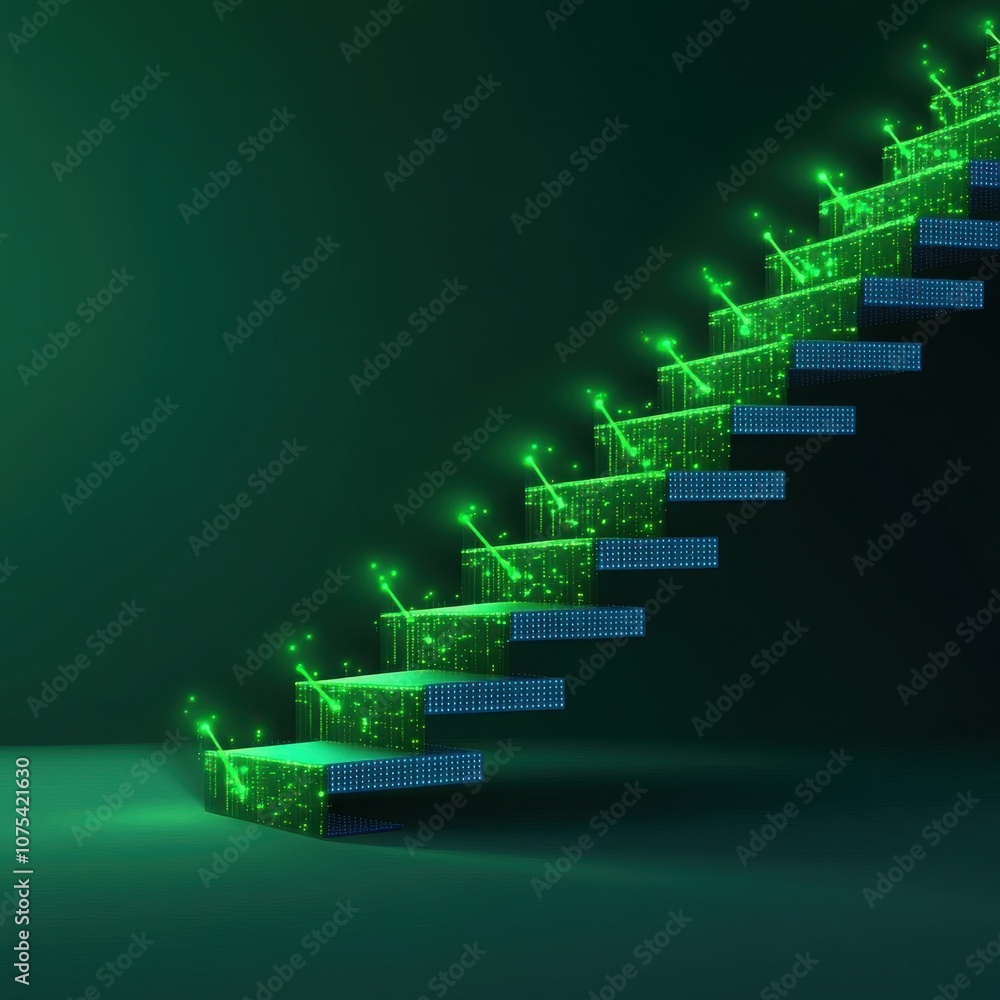 Fototapeta premium Futuristic glowing stairs in a digital style.