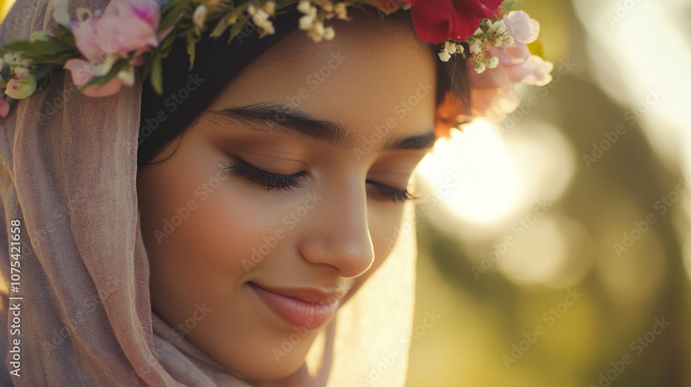 Close shot of an Arab girl wearing a flower crown over her hijab, looking down with a gentle smile. Close shot of an Arab girl wearing a flower crown over her hijab, looking down with a gentle smile.