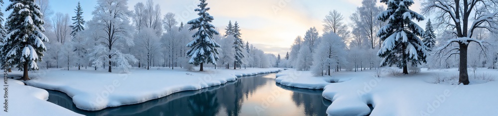 360 degree photo, Frozen River in a Snowy Forest, A 360-degree view 360 degree photo, Frozen River in a Snowy Forest, A 360-degree view