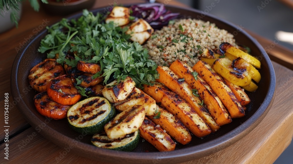 Grilled Vegetables and Quinoa on a Wooden Plate Grilled Vegetables and Quinoa on a Wooden Plate