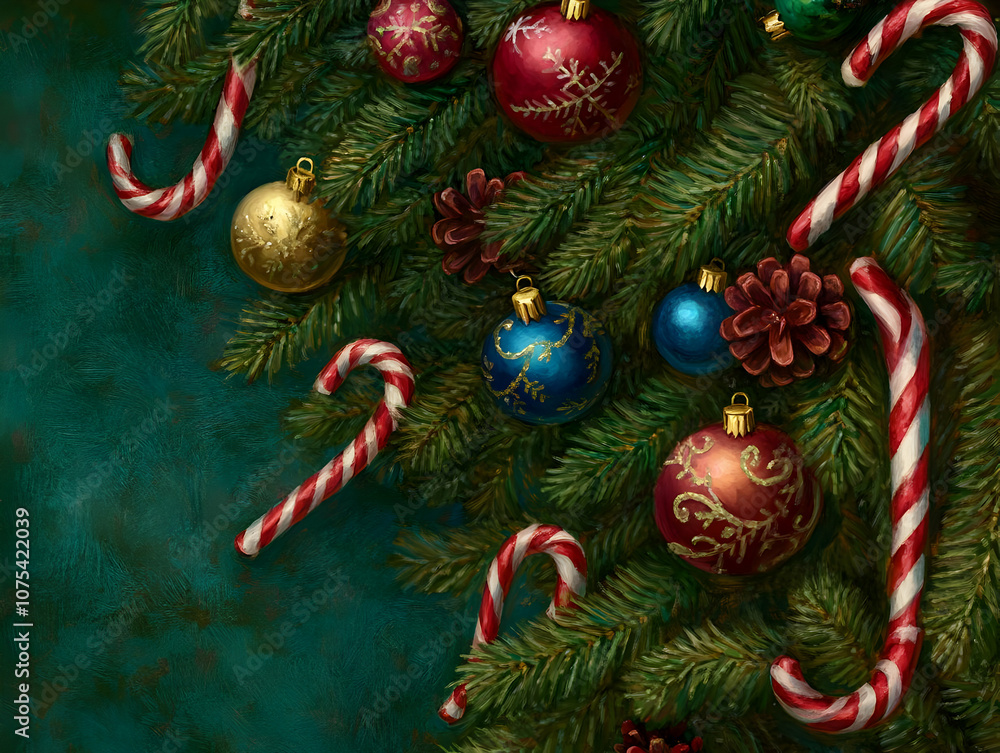 A festive arrangement of Christmas ornaments and candy canes on evergreen branches. A festive arrangement of Christmas ornaments and candy canes on evergreen branches.