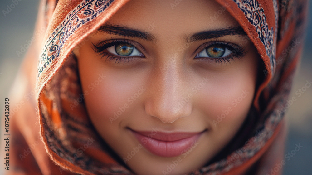 Close-up of an Arab girl with bright, joyful eyes and a delicate smile, her headscarf framing her face beautifully. Close-up of an Arab girl with bright, joyful eyes and a delicate smile, her headscarf framing her face beautifully.