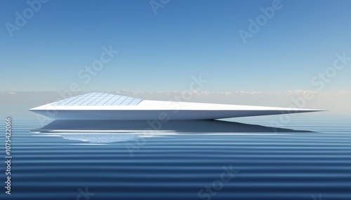 A solar-powered yacht gliding smoothly across a calm ocean under a clear sky