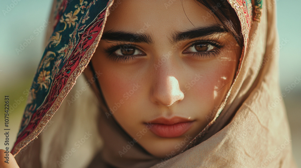 Close shot of an Arab girl with a beautiful embroidered hijab, her eyes looking thoughtfully off-camera, hands relaxed at her sides. Close shot of an Arab girl with a beautiful embroidered hijab, her eyes looking thoughtfully off-camera, hands relaxed at her sides.