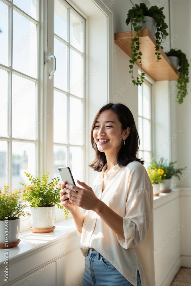 Joyful Young Woman Smiling While Using Smartphone by Bright Window Surrounded by Indoor Plants Joyful Young Woman Smiling While Using Smartphone by Bright Window Surrounded by Indoor Plants