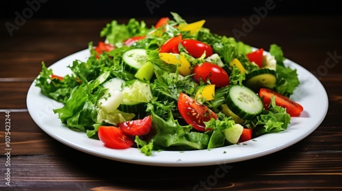 A vibrant mixed salad of fresh greens, cucumbers, and colorful bell peppers, bursting with crisp, healthy flavors.