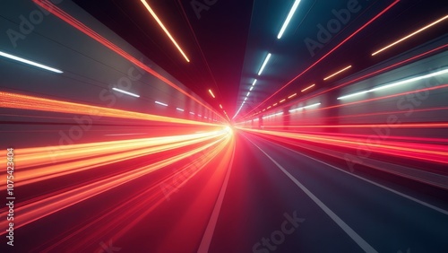 Futuristic tunnel with blurred light trails symbolizing speed and motion in urban transit