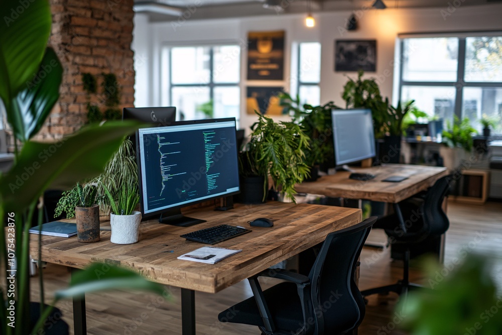 Modern Office Workspace with Computer, Desk, and Plants - Business and Technology Interior Design Modern Office Workspace with Computer, Desk, and Plants - Business and Technology Interior Design