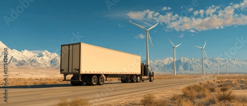 A self-driving truck transporting goods along a highway flanked by wind turbines photo