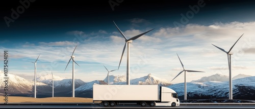 A self-driving truck transporting goods along a highway flanked by wind turbines photo