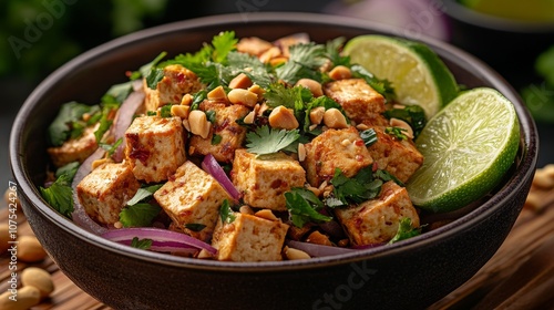 A Bowl of Tofu Salad with Lime, Peanuts, and Cilantro