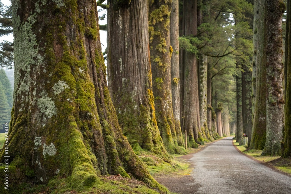 Naklejka premium Moss and lichen cover ancient tree trunks, fungi, ferns, lichen, dappled shade