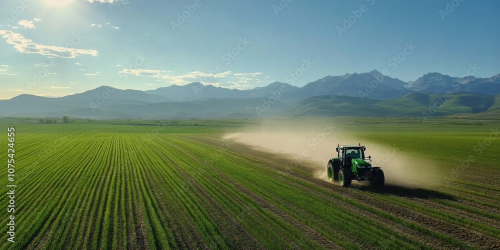 An aerial view of a modern black and green tractor plowing a green field, with mountains stretching into the distance under a clear blue sky. Dust trails behind the tractor as it moves. An aerial view of a modern black and green tractor plowing a green field, with mountains stretching into the distance under a clear blue sky. Dust trails behind the tractor as it moves.