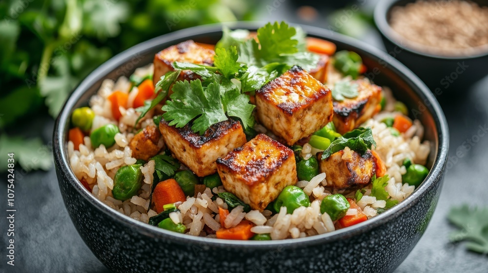 Close-up of a Bowl of Fried Rice with Tofu, Peas, Carrots, and Cilantro Close-up of a Bowl of Fried Rice with Tofu, Peas, Carrots, and Cilantro