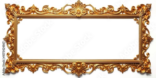 Ornate gold frame with intricate details on a white background, timeless, gold