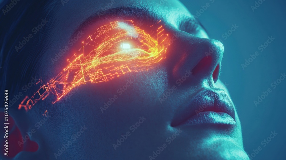 Portrait of a woman with a microchip implant near her eye, transmitting visual signals directly to the brain via visible neural connections and digital interface overlays showing enhanced vision Portrait of a woman with a microchip implant near her eye, transmitting visual signals directly to the brain via visible neural connections and digital interface overlays showing enhanced vision