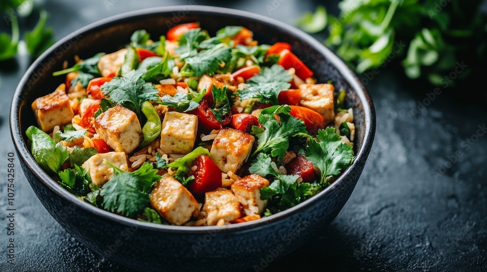 Tofu and Vegetable Stir-Fry in a Black Bowl Tofu and Vegetable Stir-Fry in a Black Bowl
