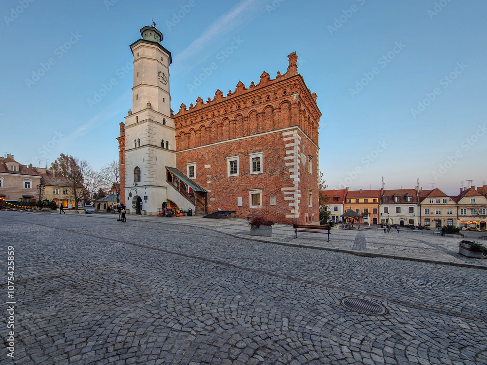 The city of Sandomierz with its churches, town hall and castle shown from above.
