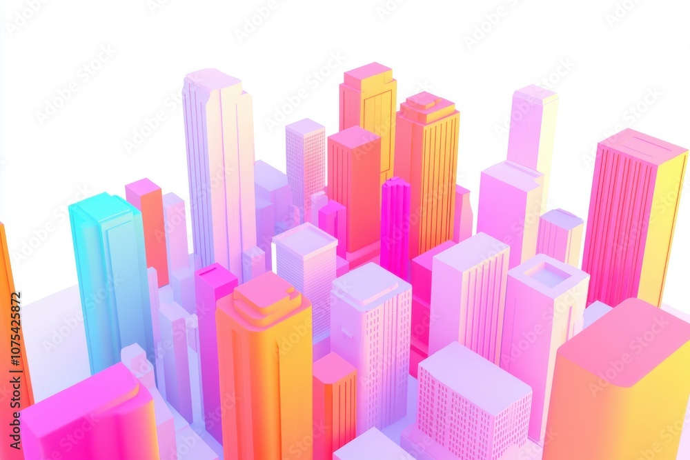 A vibrant, stylized cityscape with colorful buildings and a bright background. A vibrant, stylized cityscape with colorful buildings and a bright background.