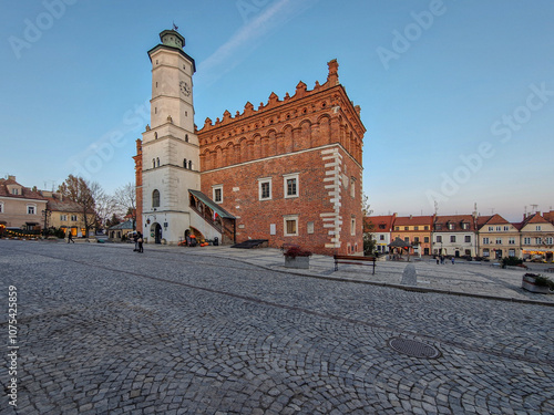 Obraz na płótnie The city of Sandomierz with its churches, town hall and castle shown from above. w salonie