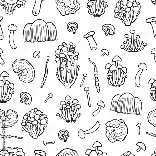Medicinal mushrooms. Black and white fungus seamless pattern. Hand drawn Illustration of Shimeji, erinji, shitaki, cordyceps, turkey tail and lions mane.