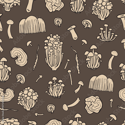 Hand drawn medicinal mushrooms. Fungus seamless pattern on brown background. Illustration of Shimeji, erinji, shitaki, cordyceps, turkey tail and lions mane.