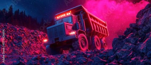 A mining operation on an asteroid, with heavy machinery and glowing plasma drills photo