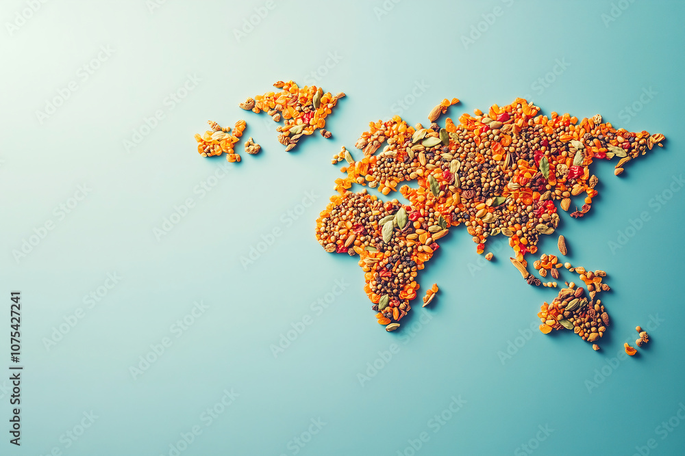 Fototapeta premium World map created from colorful lentils, seeds, and grains on a blue background showcasing global diversity in food. Generative AI