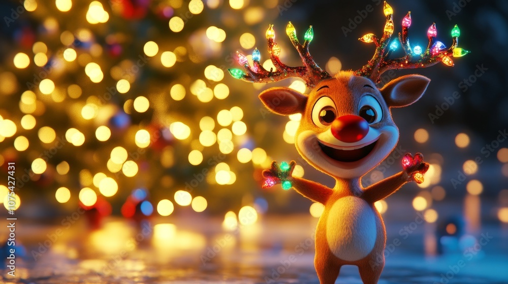 Fototapeta premium Cheerful Cartoon Reindeer with Colorful Lights Celebrating Christmas in Front of a Beautifully Decorated Christmas Tree with Twinkling Lights and a Festive Atmosphere