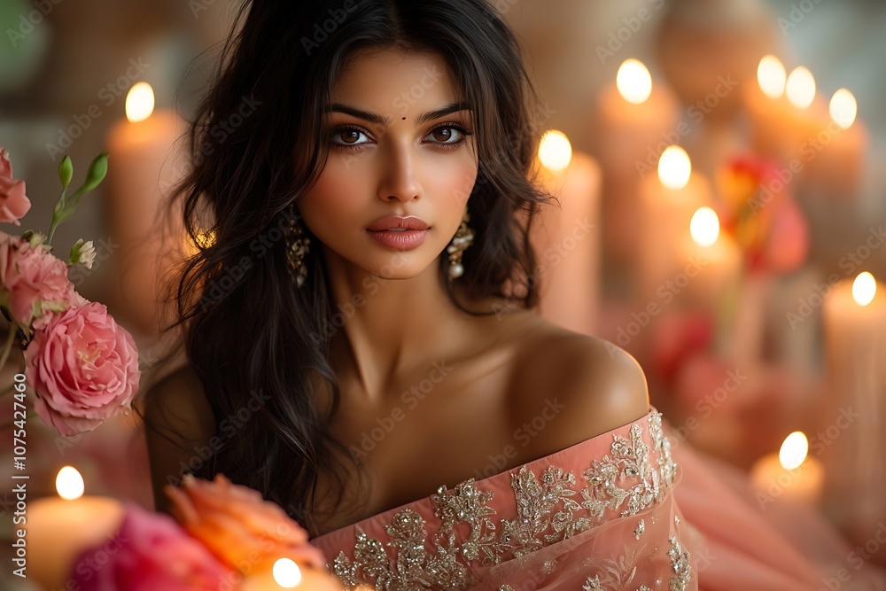 Elegant Woman in Embroidered Dress with Candlelight Glow Elegant Woman in Embroidered Dress with Candlelight Glow