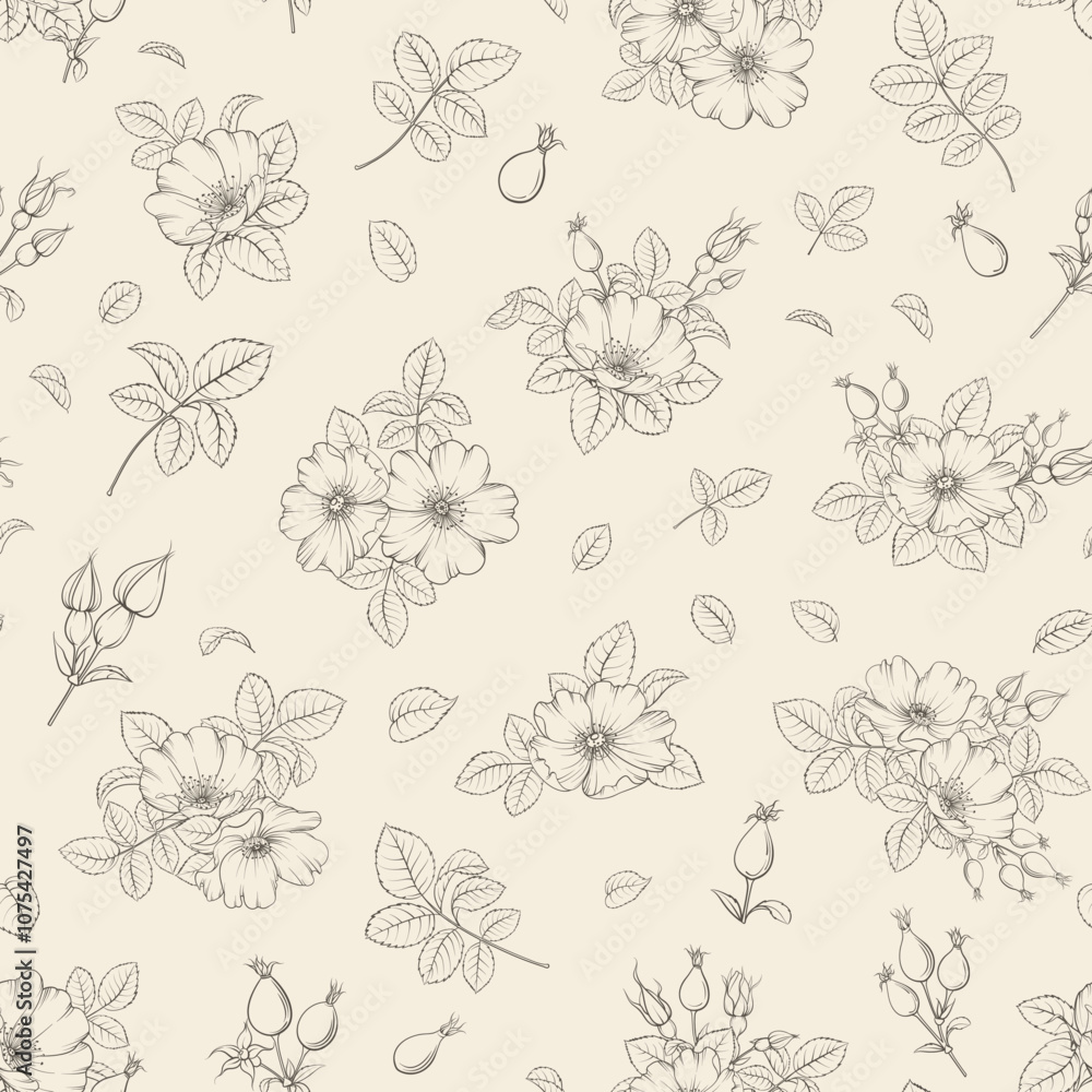 Beige floral pattern with Rose. Botanical rosehip Beige floral pattern with Rose. Botanical rosehip