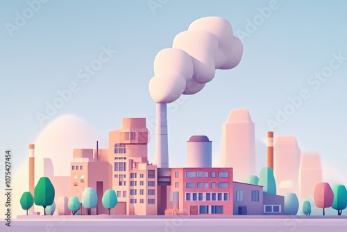 Cartoon Style Factory with Smoke and Chimney