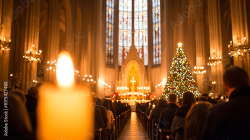 Catholic Midnight Mass in Grand Cathedral with Candlelight