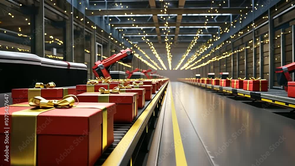A futuristic holiday warehouse filled with cheer, where red and gold-wrapped gift boxes are sorted by sleek robotic arms. The automated systems work flawlessly under the glow of Ch A futuristic holiday warehouse filled with cheer, where red and gold-wrapped gift boxes are sorted by sleek robotic arms. The automated systems work flawlessly under the glow of Ch
