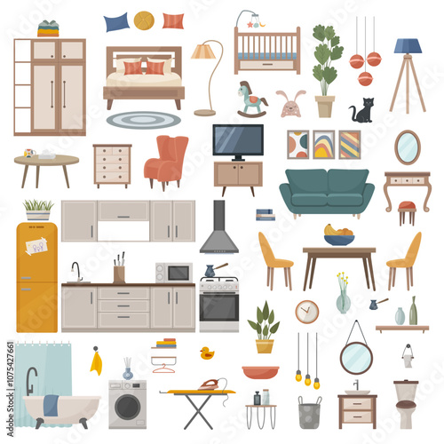 A set of furniture for rooms at home. 
Home household furniture. Apartment inside. Set with interior, bathroom, living room and bedroom, kitchen. Furnished rooms. Flat vector illustration of rooms.