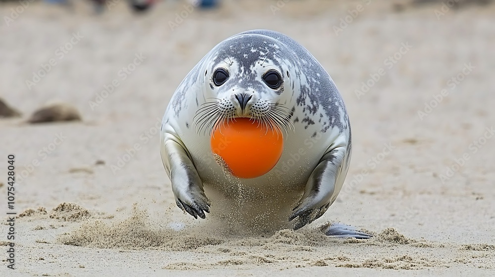 Obraz premium Harbor Seal Playing with an Orange Ball on a Sandy Beach