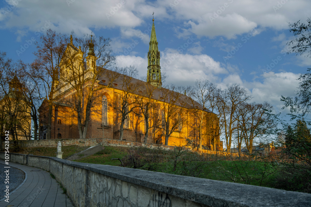 The city of Sandomierz with its churches, town hall and castle shown from above.