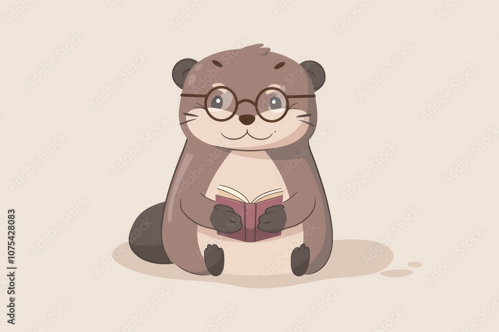 Fototapeta premium Cute cartoon otter reading book with glasses illustration