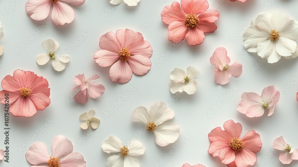 Obraz premium Delicate Pink and White Flowers on a White Surface
