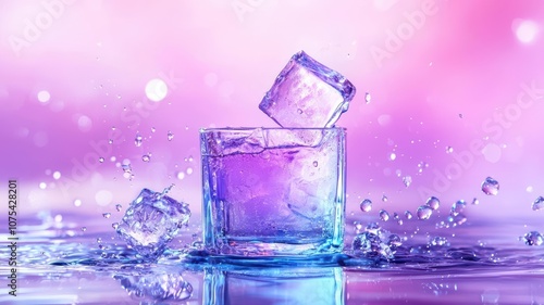 A vibrant purple drink with ice cubes splashing in a beautiful setting.