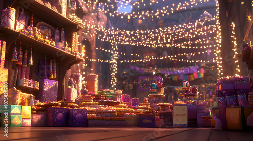 A vibrant market scene filled with colorful gifts and festive decorations.