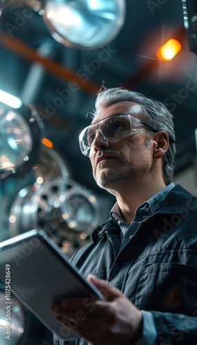 Engineer Inspecting High-Tech Machinery with Digital Tablet in Modern Manufacturing Facility