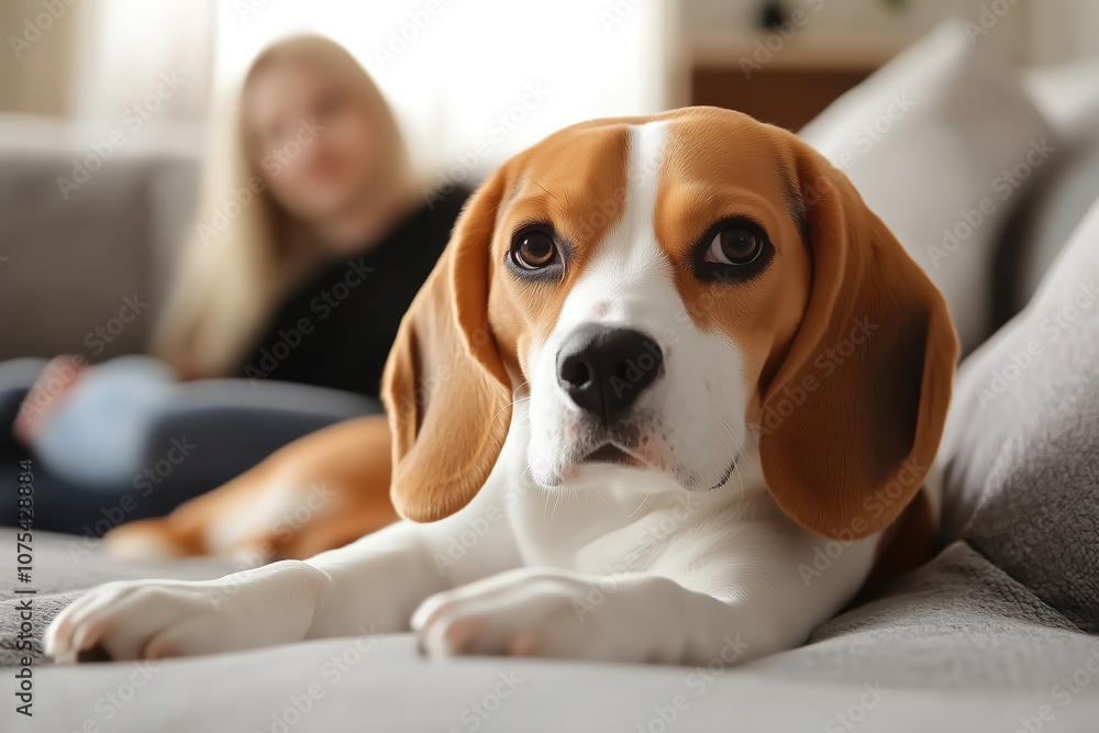 A beagle relaxing on a cozy couch while a woman sits in the background, capturing a warm moment in a living room setting. Generative AI A beagle relaxing on a cozy couch while a woman sits in the background, capturing a warm moment in a living room setting. Generative AI