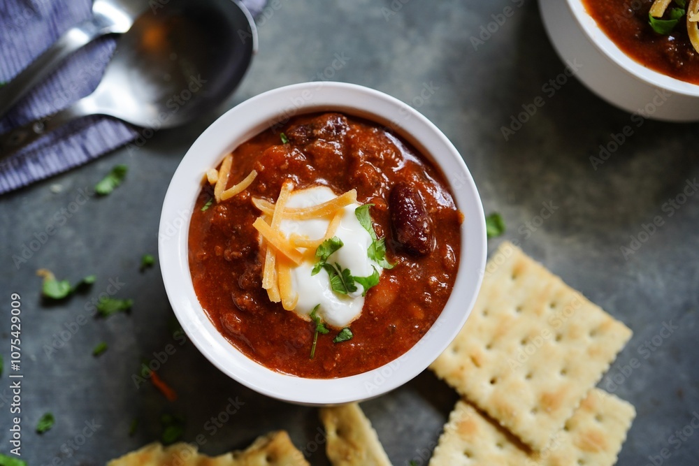 Homemade Beef Chilli served with saltine crackers Homemade Beef Chilli served with saltine crackers
