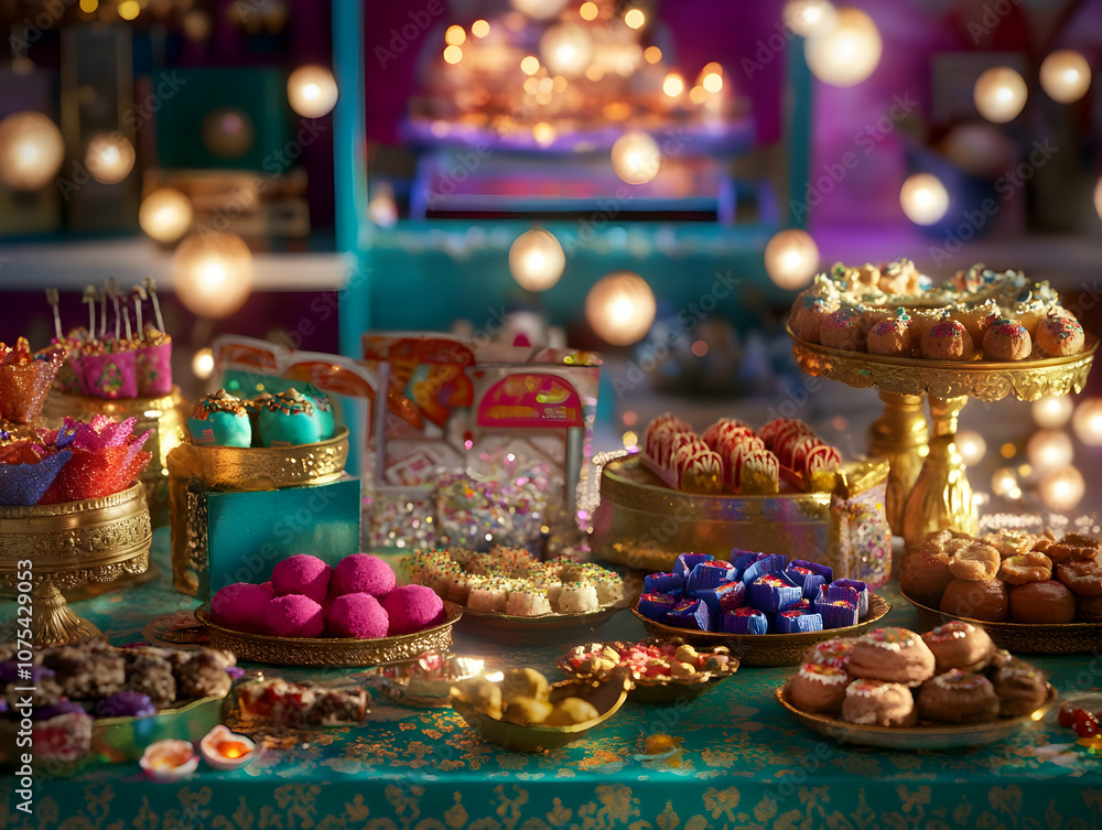 A vibrant display of assorted sweets and desserts for a festive celebration. A vibrant display of assorted sweets and desserts for a festive celebration.
