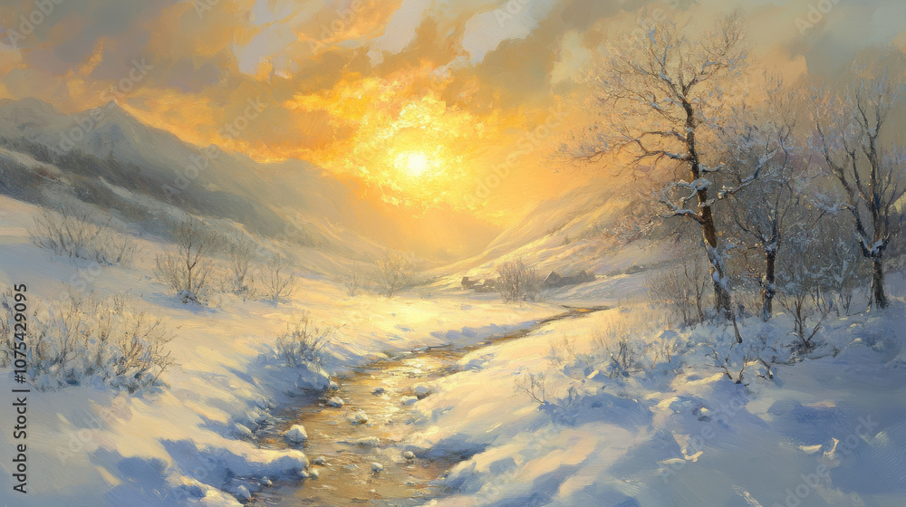 serene winter landscape featuring snow covered valley, winding stream, and vibrant sunset illuminating sky. scene evokes tranquility and beauty serene winter landscape featuring snow covered valley, winding stream, and vibrant sunset illuminating sky. scene evokes tranquility and beauty