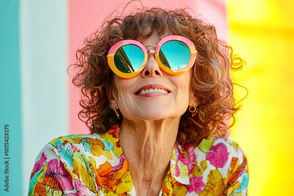 An elderly woman with curly hair smiles brightly, showcasing her colorful sunglasses and floral attire against a vivid background