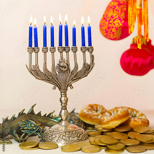 A silver menorah with blue candles, surrounded by coins, pastries, and festive decorations. photo